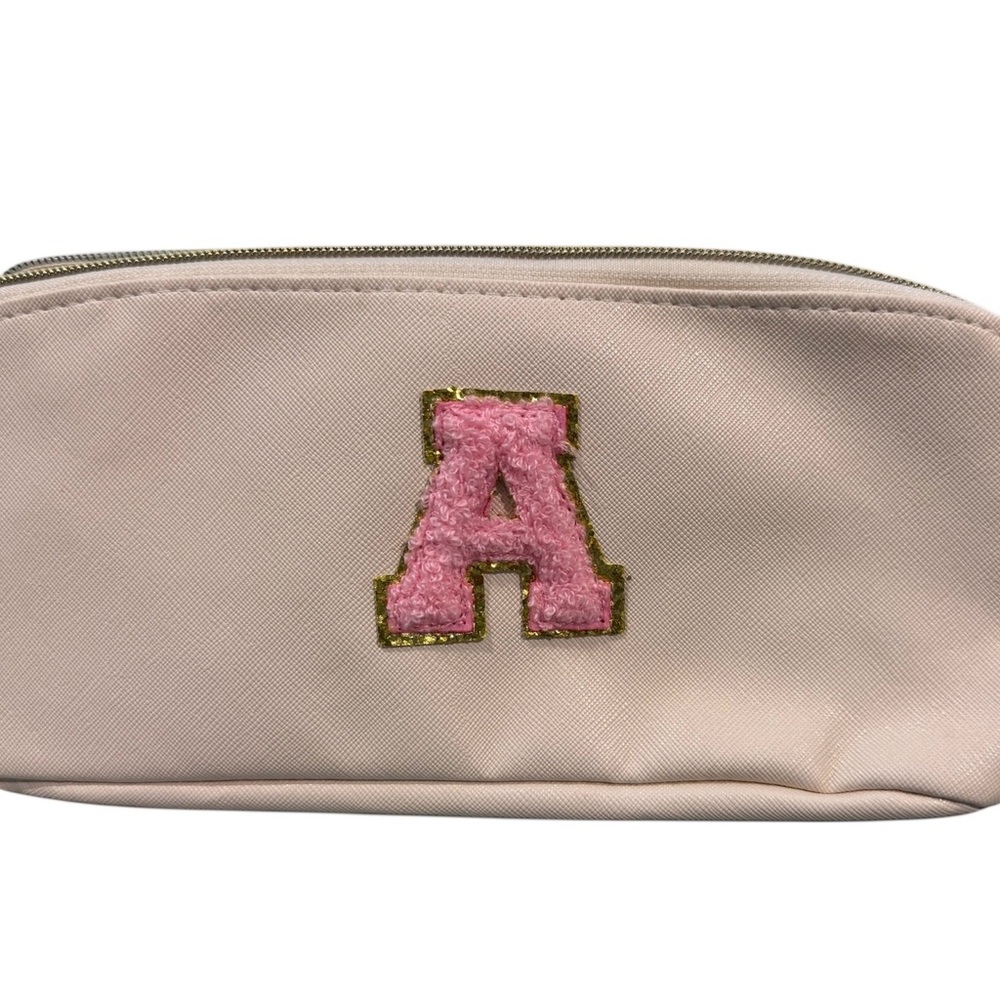 Beige Pouch Cosmetic Bag with Pink Initial A , multiple pocket‎ organizer